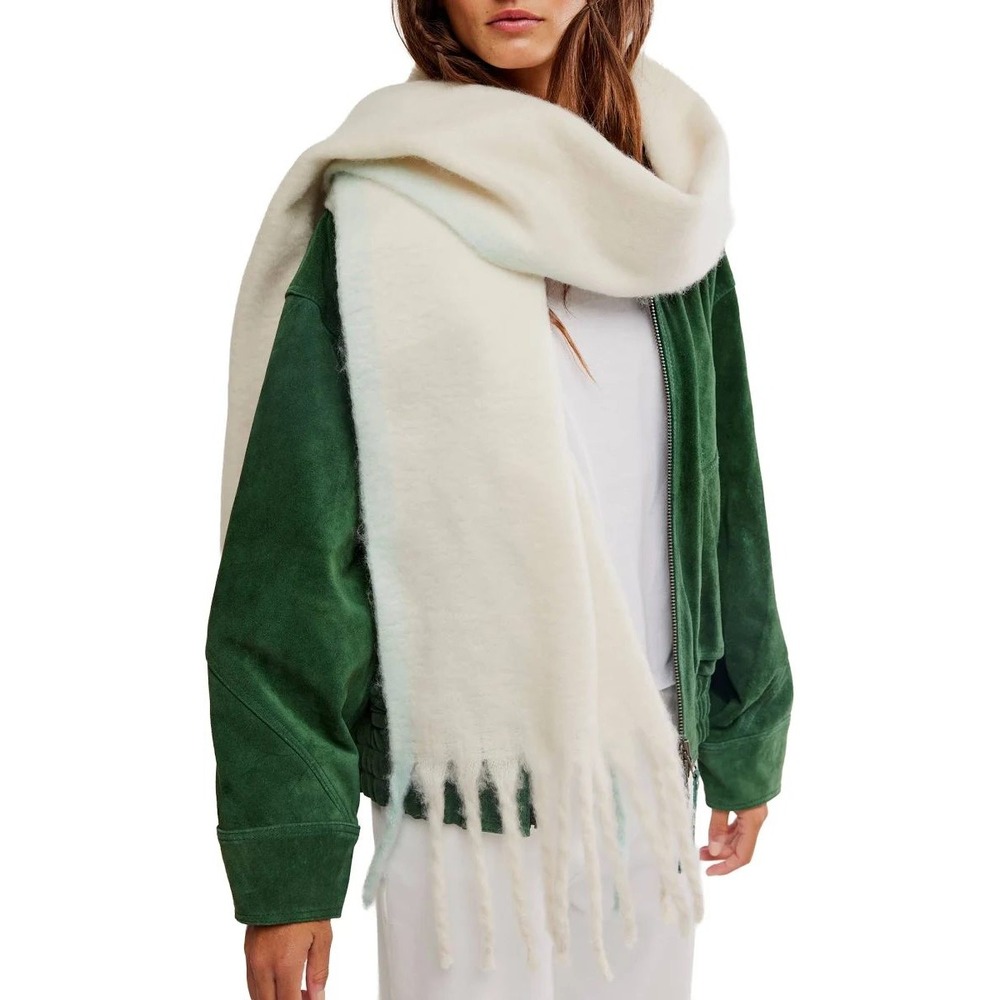 Free People Free People Winter Chill Blanket Fuzzy Scarf‎ Ivory Blue  Fringe